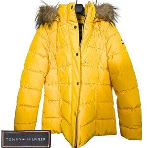 Tommy Hilfiger Yellow Puffer Jacket Faux Fur Hood Women’s Winter Coat